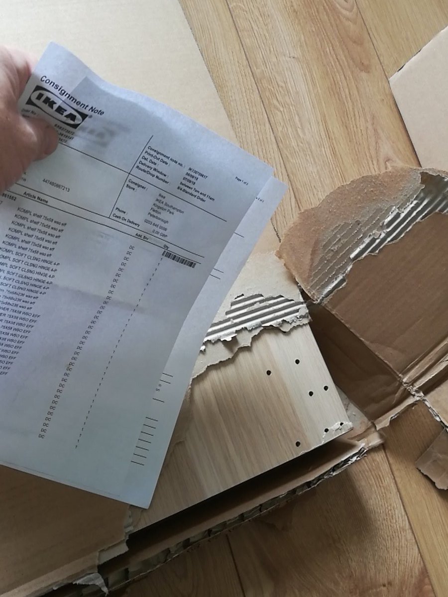sethdickens's tweet photo. First box from £thousand+ IKEA-delivered order. It's smashed. Been on hold for an age to @IKEAUK waiting for response. https://t.co/uuv5mOl6wB