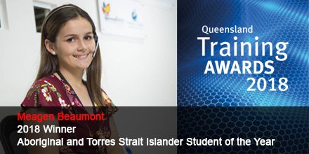 QTAQLD's tweet photo. Congrats Meagen Beaumont! Just named ATSI Student of the Year, after completing a Cert 3 in Health Services Assistance. #QTA2018 https://t.co/4JNfk384dU