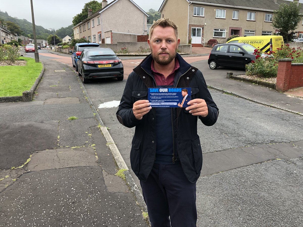 jamiegreeneUK's tweet photo. Today my team and I are out and about in Largs speaking to people about the #saveourroads campaign, calling on the launch of a £100M  pothole action fund to deal with the 1 in 3 roads in Scotland which are in need of repair. Enough is enough I say! https://t.co/hWPGsNDtoM https://t.co/13MAKp5zFI