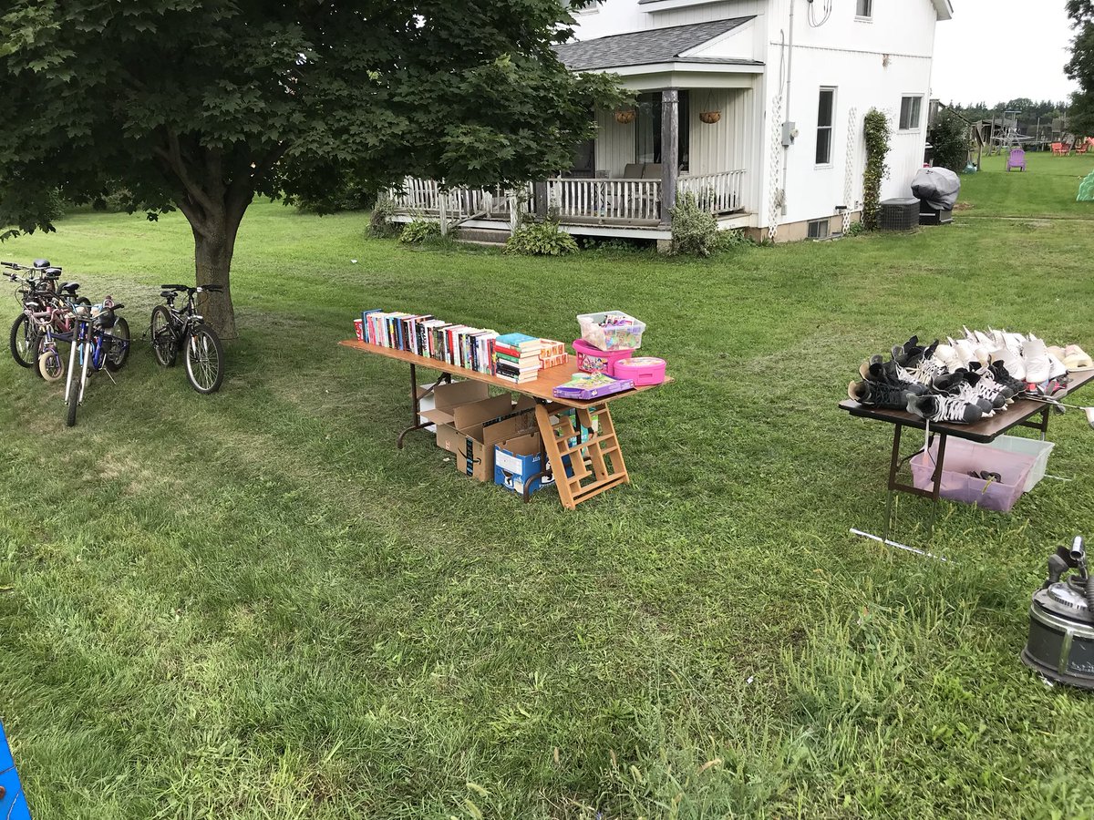 mik2baker's tweet photo. The Bakers are all set up for the Annual #BurfordCommunityYardSale! We’ve got:

Bikes!
Books!
Sports equipment!
LEGO!
Kitchen supplies!
And more! https://t.co/iTr53lkKYg