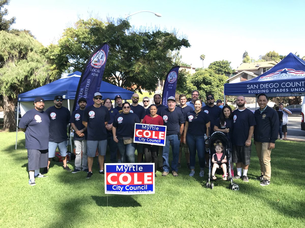 SD_BldgTrades's tweet photo. Our members turned out strong today to spread the word for @MyrtleColeforD4, @nathanfletcher, and Yes on Measure YY! Thanks to Assemblymember @ToddGloria for launching the walk today! #WalkingForWorkingFamilies #BTfamily #Elections2018 #VoteNovember6th #1u https://t.co/Xn6xykQ0X3