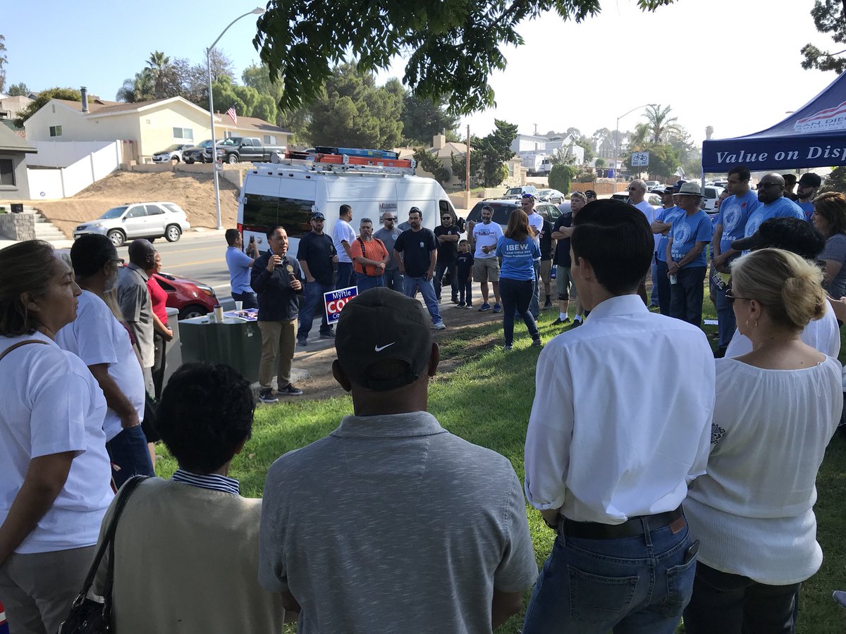 SD_BldgTrades's tweet photo. Our members turned out strong today to spread the word for @MyrtleColeforD4, @nathanfletcher, and Yes on Measure YY! Thanks to Assemblymember @ToddGloria for launching the walk today! #WalkingForWorkingFamilies #BTfamily #Elections2018 #VoteNovember6th #1u https://t.co/Xn6xykQ0X3