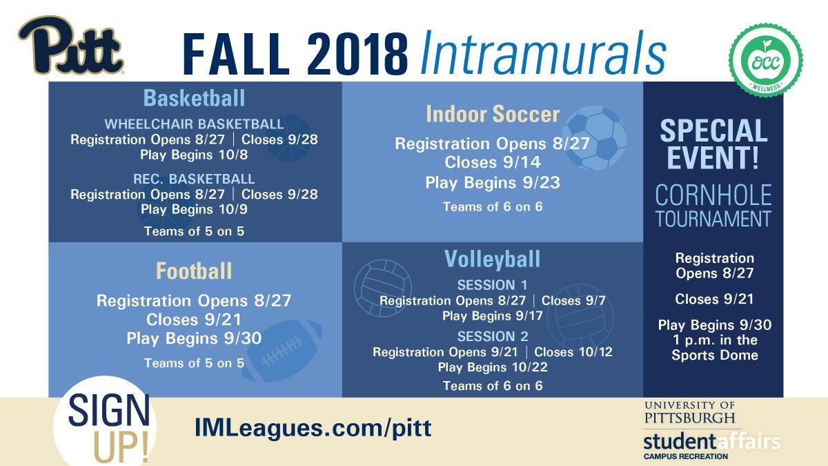 PittStudents's tweet photo. Intramural signups for this fall are open! Leagues begin at different times so create or join a team and compete at a time that works best for you! Sign up at https://t.co/sKEV5RpyRY https://t.co/XaFnIJuT1t