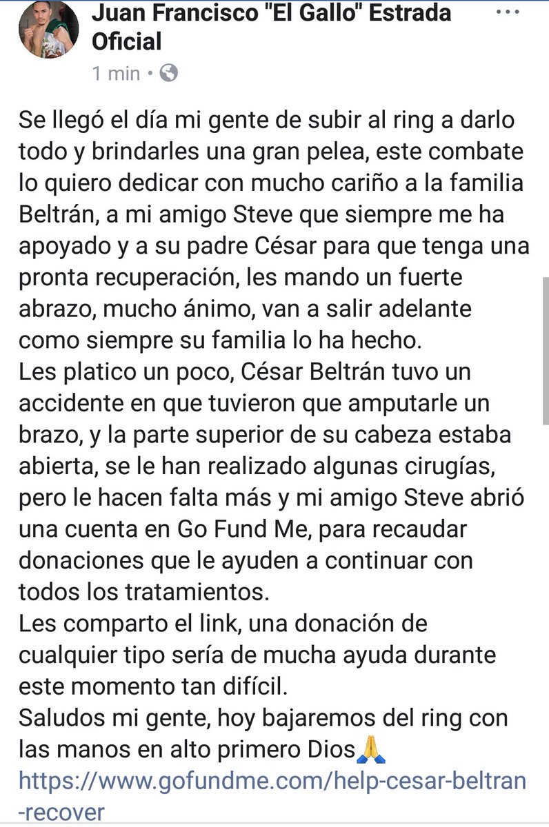 GalloEstradaOfi's tweet photo. Se llegó el día mi gente de subir al ring a darlo todo y brindarles una gran pelea, este combate lo quiero dedicar con mucho cariño a la familia Beltrán, a mi amigo Steve y su padre César que siempre me ha apoyado. Espero que sea una pronta recuperación. 
https://t.co/PJ5x93oK4T https://t.co/I9v24KarK4