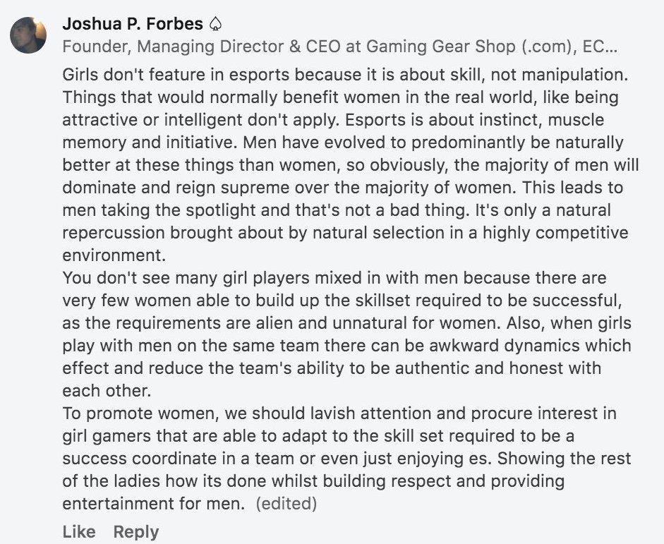 LaurenzSide's tweet photo. Anytime I think Women in Gaming is becoming more accepted, someone like this misogynist dumbass ruins that feeling. This makes my blood boil but also reminds me why I'm SO passionate about being a female in the gaming industry. Btw, don't ever work with or shop Gaming Gear Shop. https://t.co/RVvTAdoR1o