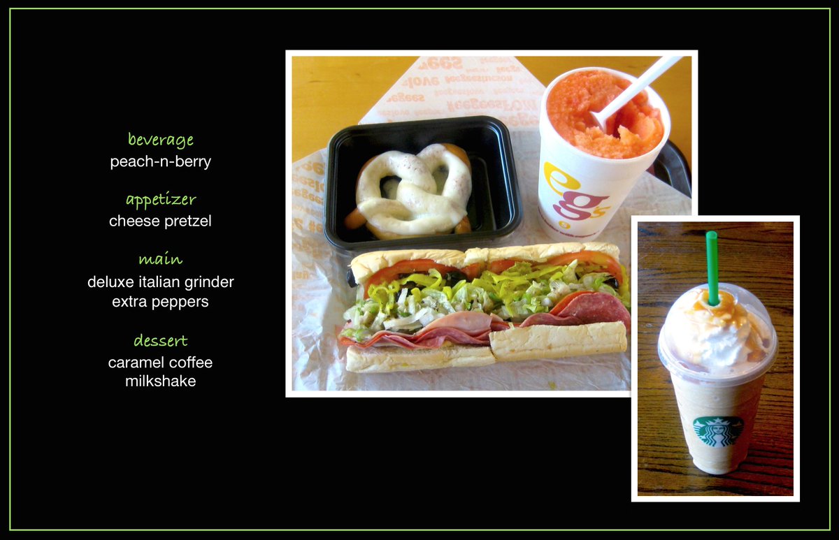 DmitriMatheny's tweet photo. Today’s Casa Grande AZ #OMAD feast: @eegees peach-n-berry, cheese pretzel, deluxe Italian grinder and @Starbucks caramel coffee milkshake #Nostalgia #Foodstagram #IntermittentFeasting #OneMealADay #TheOmadNomad #HardTravelingHero #RealRoadFood #Gratitude https://t.co/oU0KwOHj8w