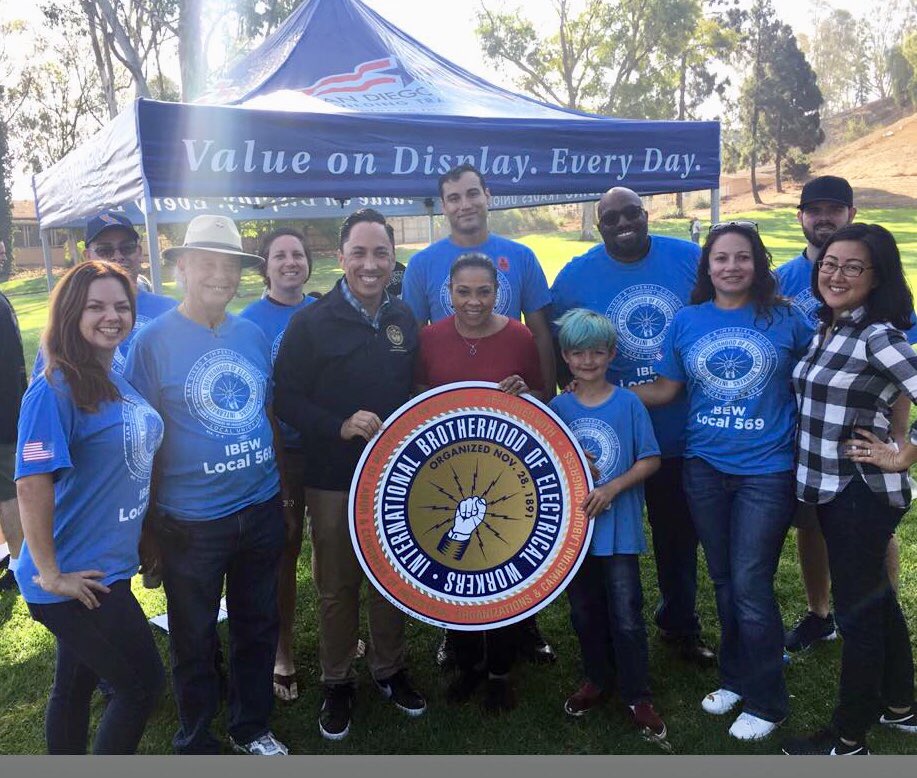 IBEW569's tweet photo. #IBEW569 members turned out strong today w/ @SD_BldgTrades for @MyrtleColeforD4, @nathanfletcher, and Yes on Measure YY ($3.5B School Bond w/ Union Jobs)! #WalkingForWorkingFamilies #BTfamily #Elections2018 #VoteNovember6th #1u https://t.co/0yzDJah7N0