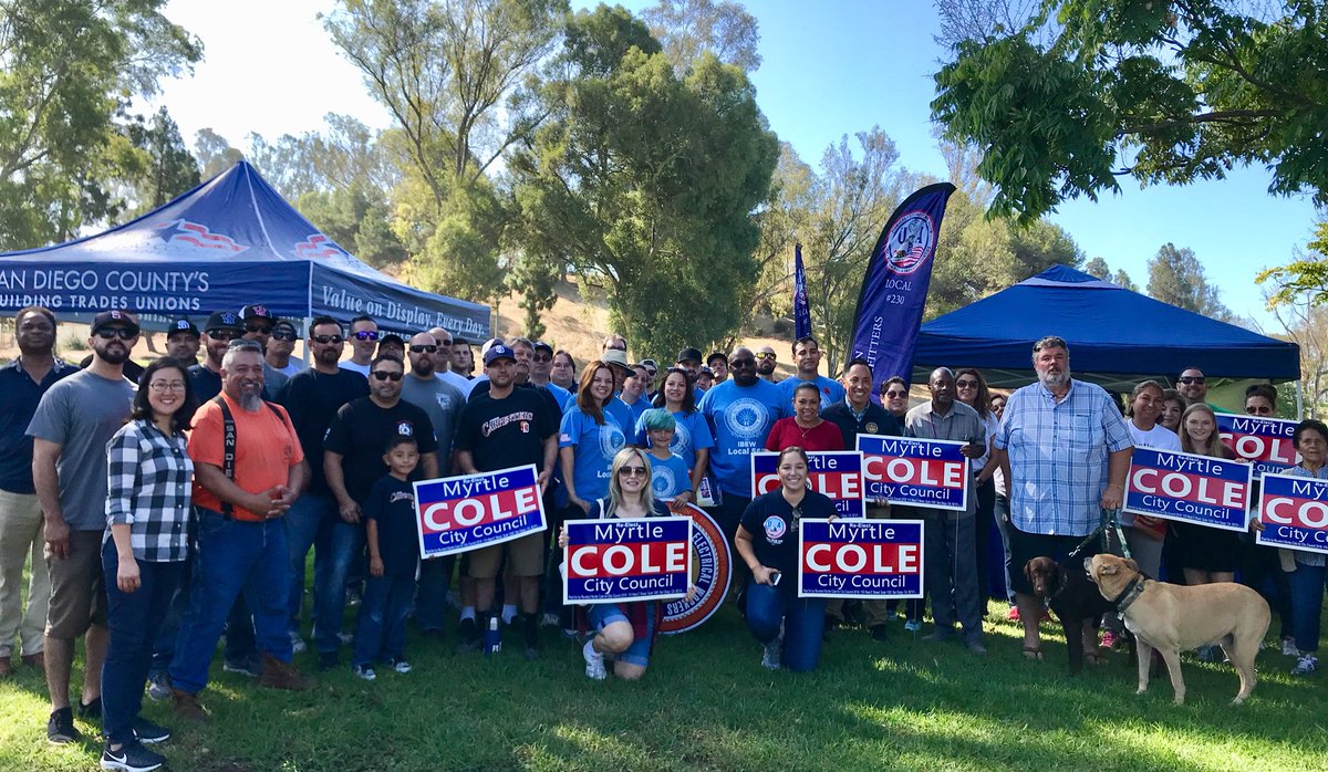 IBEW569's tweet photo. #IBEW569 members turned out strong today w/ @SD_BldgTrades for @MyrtleColeforD4, @nathanfletcher, and Yes on Measure YY ($3.5B School Bond w/ Union Jobs)! #WalkingForWorkingFamilies #BTfamily #Elections2018 #VoteNovember6th #1u https://t.co/0yzDJah7N0