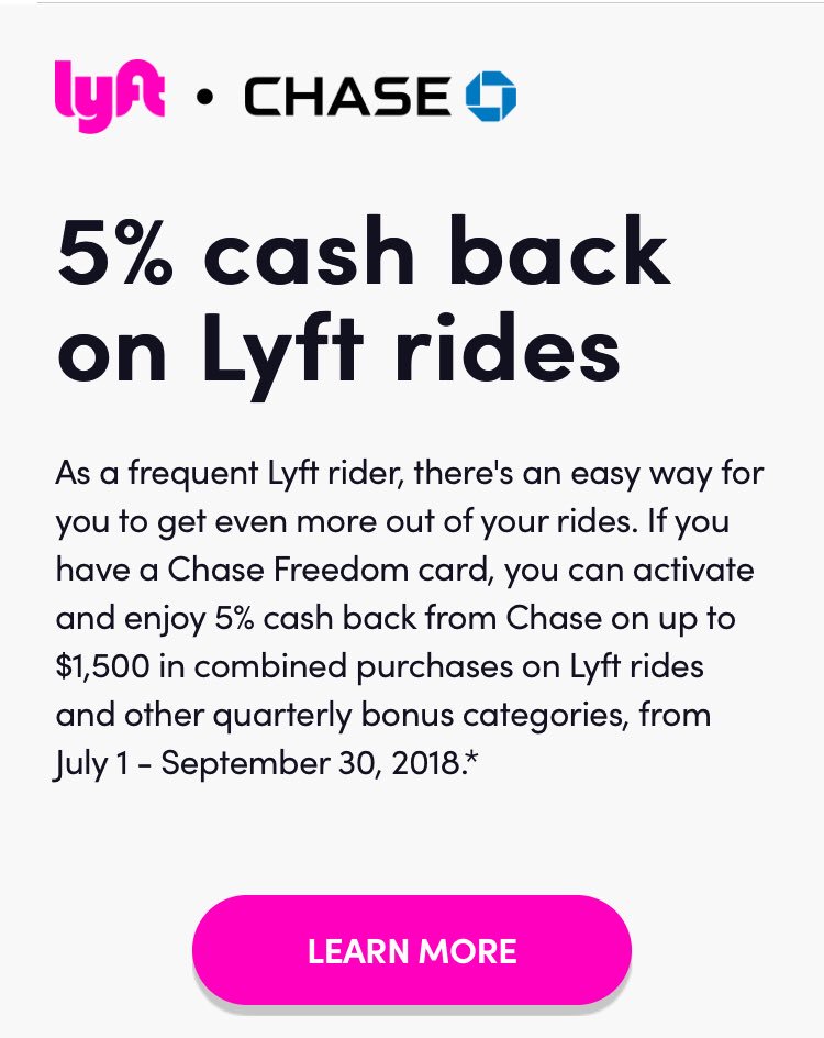 mickakers's tweet photo. .@lyft and @Chase offering frequent riders 5 percent cash back up to $1,500 for Lyft rides and other qualifying purchases between July 1- Sept. 30. #lyft #vegas #riseshare https://t.co/HV7kv7vlfY