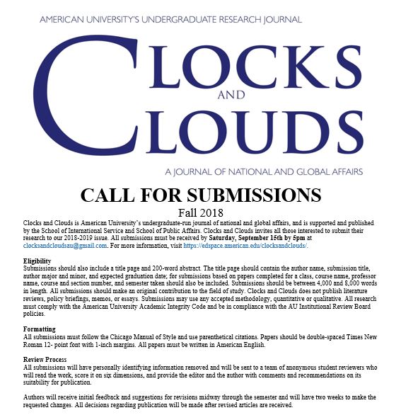 ClocksCloudsAU's tweet photo. Have you ever wanted to be a published author? Submit your research by 9/15 by 5pm for the chance to be published in this year's journal! Email clocksandcloudsau@gmail.com with any questions https://t.co/xuyIrgZh8J