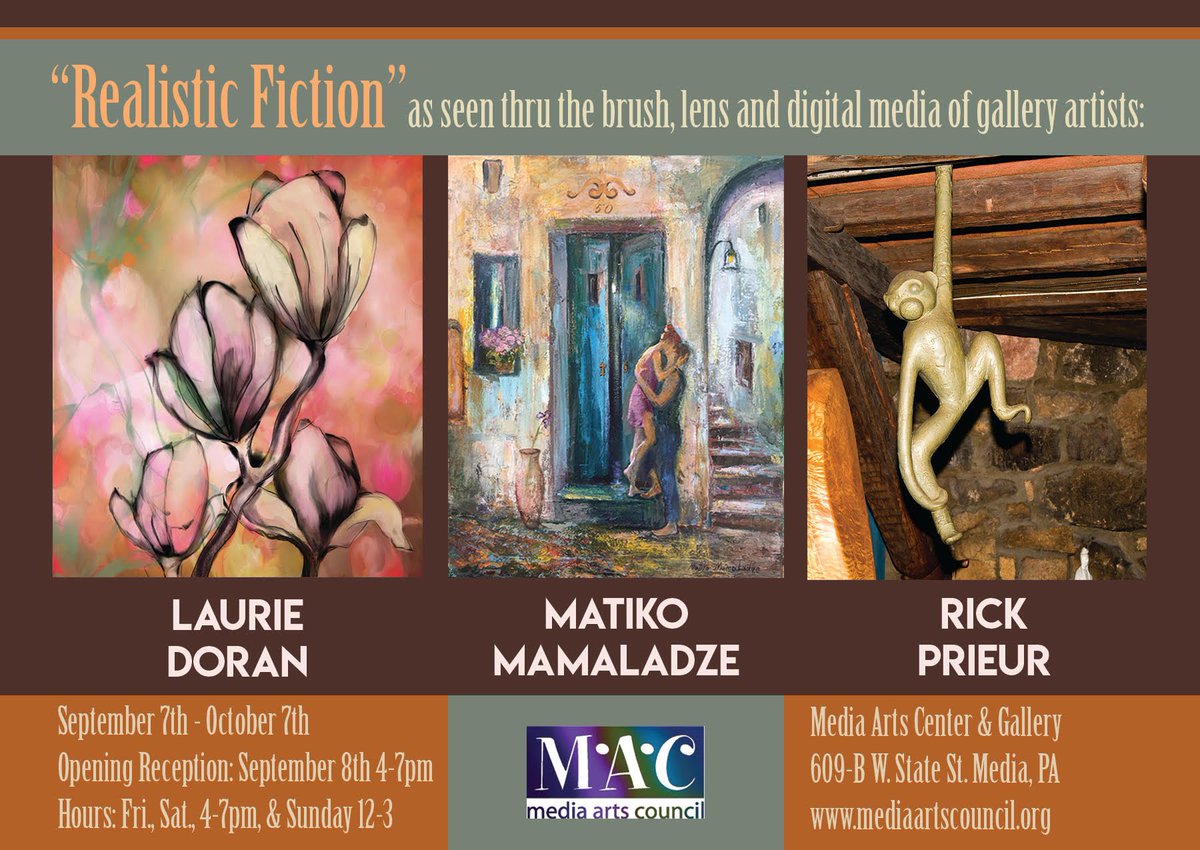 MediaPAarts's tweet photo. TONIGHT 4p-7p join us for the #2ndSaturday Opening Reception for our September show Realistic Fiction featuring #MACGallery artists Laurie Doran, Matiko Mamaladze, and Rick Prieur. https://t.co/q0vvYQVRvY
.
#mediaartscouncil #phillyburbs #delco #artdelco #visitmediapa #art https://t.co/6Fsaqnmney
