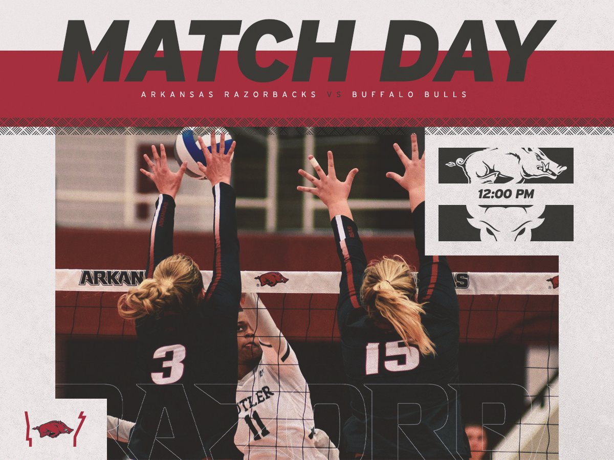 RazorbackVB's tweet photo. MATCH DAY | First of ✌️ matches today...

vs Buffalo
🕛 12 p.m.
📍 Fayetteville, Ark.
🏢 Barnhill Arena

#WPS https://t.co/usVGy97i4H