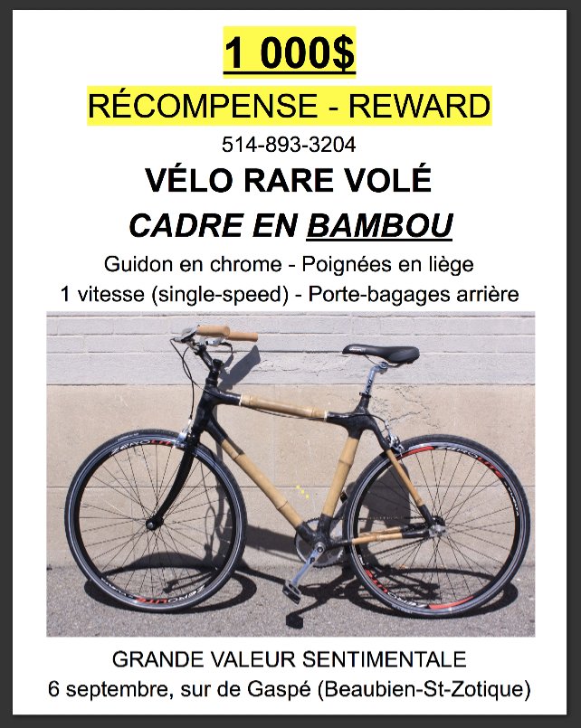 Mise à jour: Il a VOLÉ mon VÉLO de BAMBOU jeudi 6 sept 8hAM.
Vous le reconnaissez? Récompense 1 000$
En direction Beaubien Est, coin Alma
Veuillez partager
****514-893-3204
Photos of our bamboo bike thief. Last seen east on Beaubien from Alma. Reward $1000
Please Retweet
