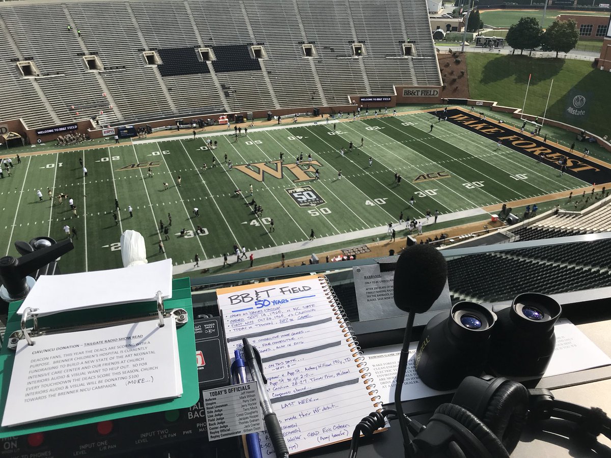 StanCottenWF's tweet photo. Our perch today as BB&T Field turns 50. Pregame for @WakeFB @Towson_FB begins at the top of the hour with @LarySorensen @Dave_Goren @jamestravis12 @JoshNixon1 @WFCoachSparks @CoachClawson @respectthebenz #boogiebasham #godeacs https://t.co/BlwESRRSRR