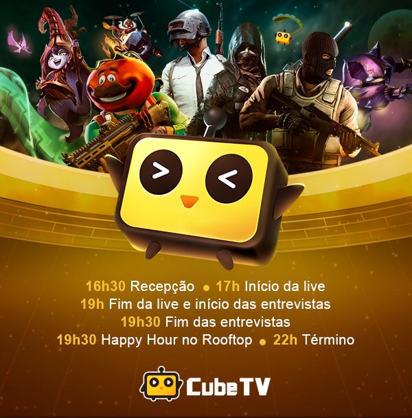 CubeTVBR's tweet photo. Vamos à festa!! Cheque a agenda da festa de lançamento da CubeTV no poster! Mal posso esperar pra te ver. @hastadlol @LuladoPUB @WhesleyLeko @axtlol @yetz1 @cnbesc #JoinCubeTV https://t.co/9gvSOfnrBm