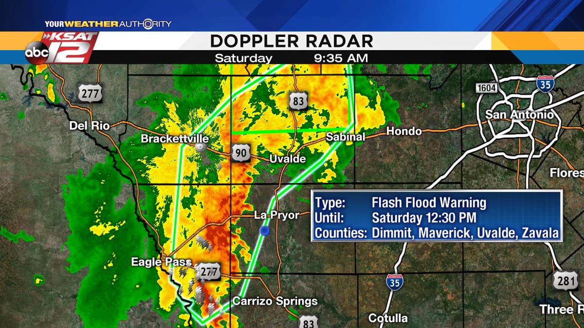 ksatweather's tweet photo. Saturday, 9:50 AM
A FLASH FLOOD WARNING has been issued for parts of #Kinney, #Uvalde, #Dimmit, #Maverick, #Real, and #Zavala Co. until 12:30 PM.
Please use caution on the roads. - @KSATSarahSpivey
Live radar: https://t.co/Hb15Rp2ULZ
#KSATweather #KSATnews https://t.co/FcYmEkn400