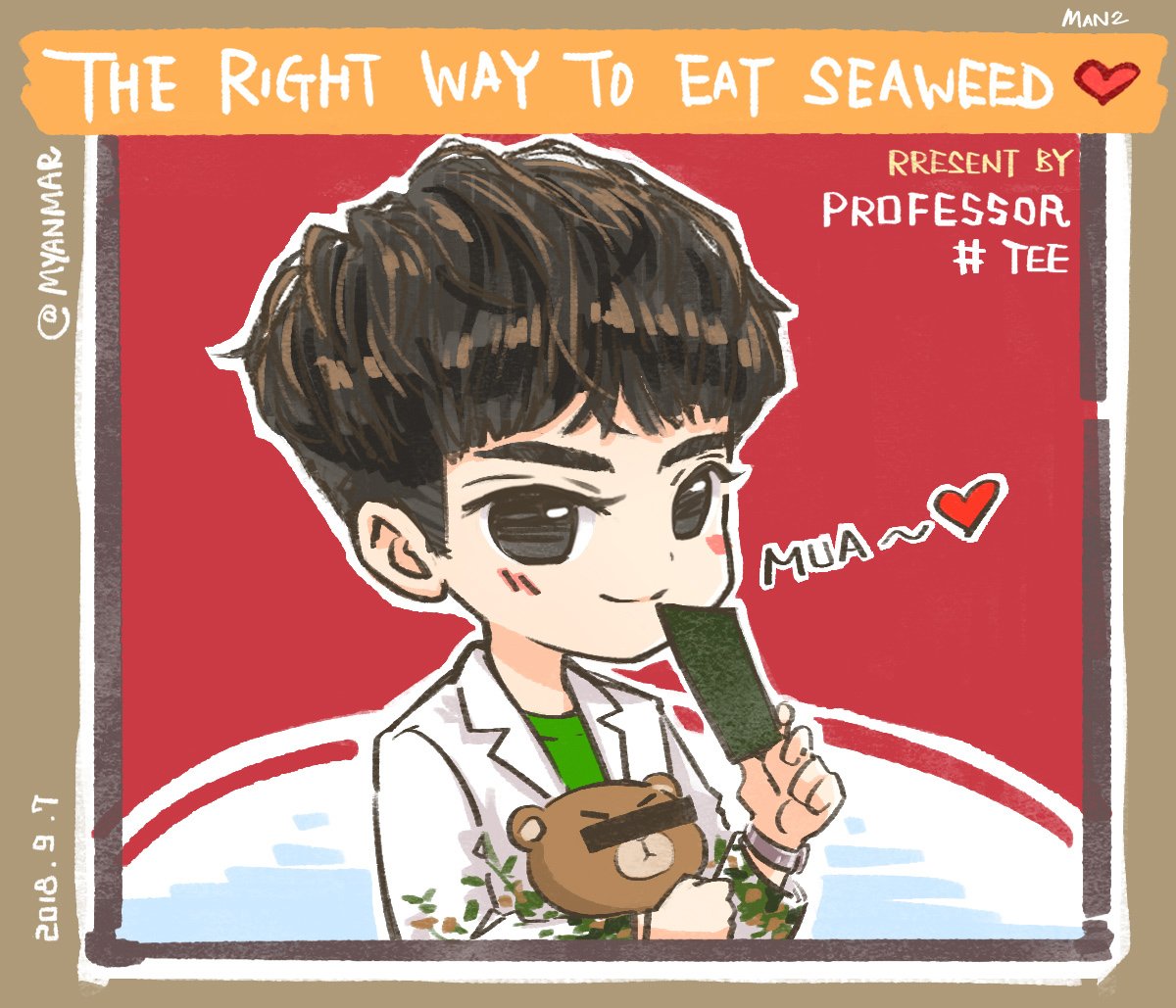 ManManW22's tweet photo. [Drama]The Right Way to Eat Seaweed💛💙

Event : 20180907 - Taokaenoisbfive @ Myanmar

這圖畫太慢了，單人的不知道有沒有時間畫..🤦🏻‍♂️😂
Good job &amp; hope U've enjoyed the trip~ nite nite✨

@Tee_Jaruji @tae_darvid
#อะไรอะไรก็ตี๋  #Teethanapon #โพสอิททูชายตี๋
#TaokaenoiMyanmar https://t.co/uzquwwQwVS