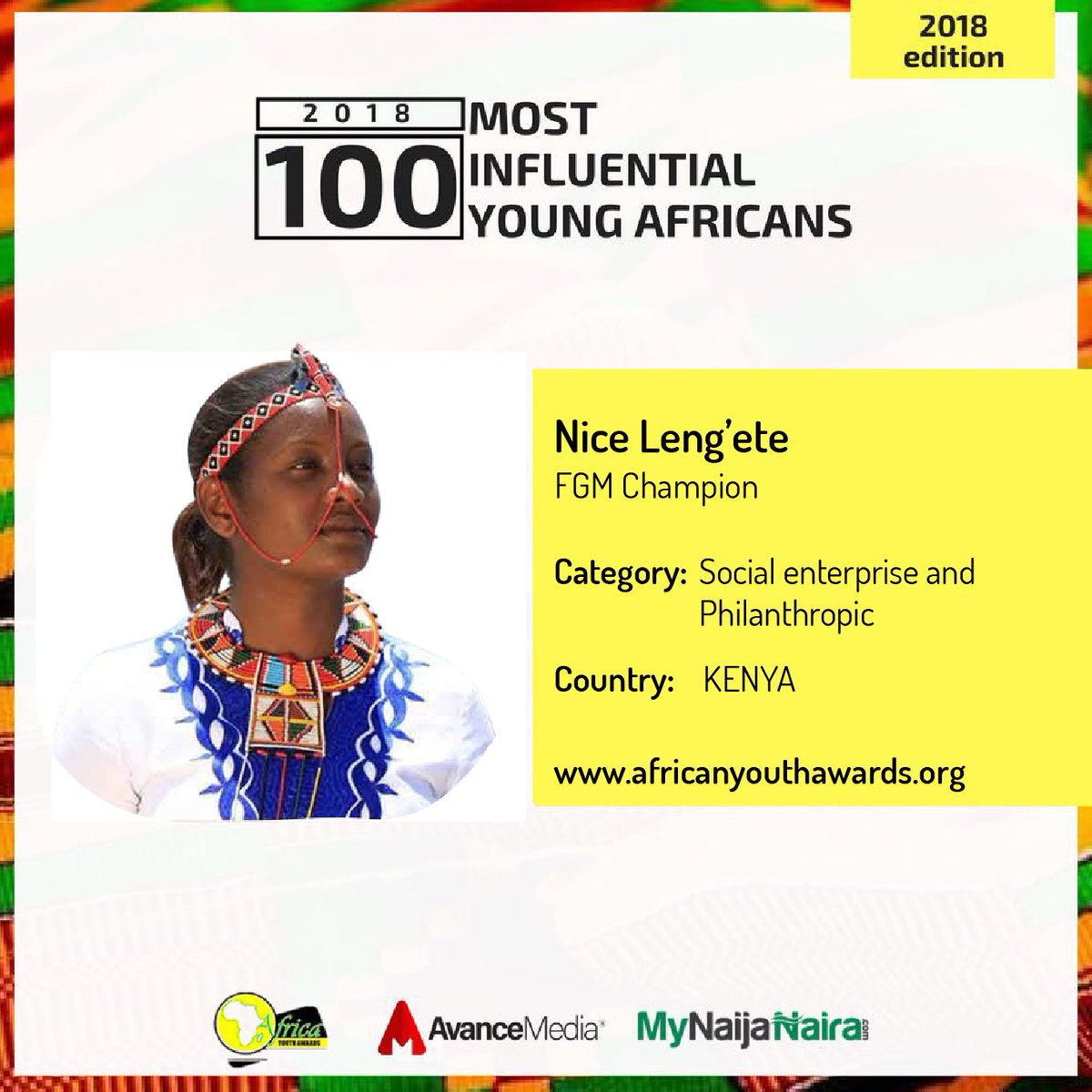 NiceLengete's tweet photo. Humbled & Deeply honored to be named among the 2018 top 100 Most Influential Young Africans by the prestigious @AwardsAfrica
Africa Youth Awards is the continent’s most coveted awards for young achievers and change makers
#EndFGM
#YouthDeliver
@WomenDeliver
@YouthDeliver https://t.co/3MZj1VsKr4
