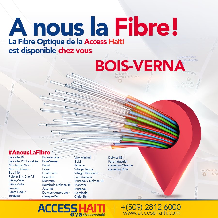 AccessHaiti1's tweet photo. La Fibre Optique de la Access Haiti est désormais à votre portée Bois Verna ✌️ #OnEstABoisverna #FiberZone #AccessHaiti
ACCESS HAITI  ☎ 2812-6000 / 2998-6000 https://t.co/u1KpvNENtm  📨sales@accesshaiti.net
Siège social: 60 Rue Geffrard Petion-Ville, Haiti https://t.co/iZq1NIrdX9
