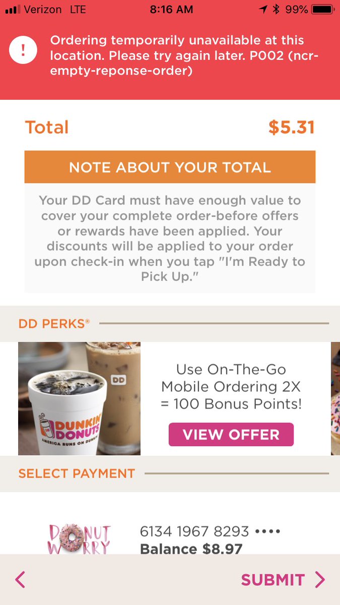 EGarV's tweet photo. @dunkindonuts I’m getting frustrated w/your app consistently having problems. How do you have a promo that’s 5 days long that involves ordering thru your app, &amp; then it doesn’t work? Not cool. This isn’t the 1st time either. I went to the location &amp; I’m told no1s app is working. https://t.co/KpYFF1UnSg