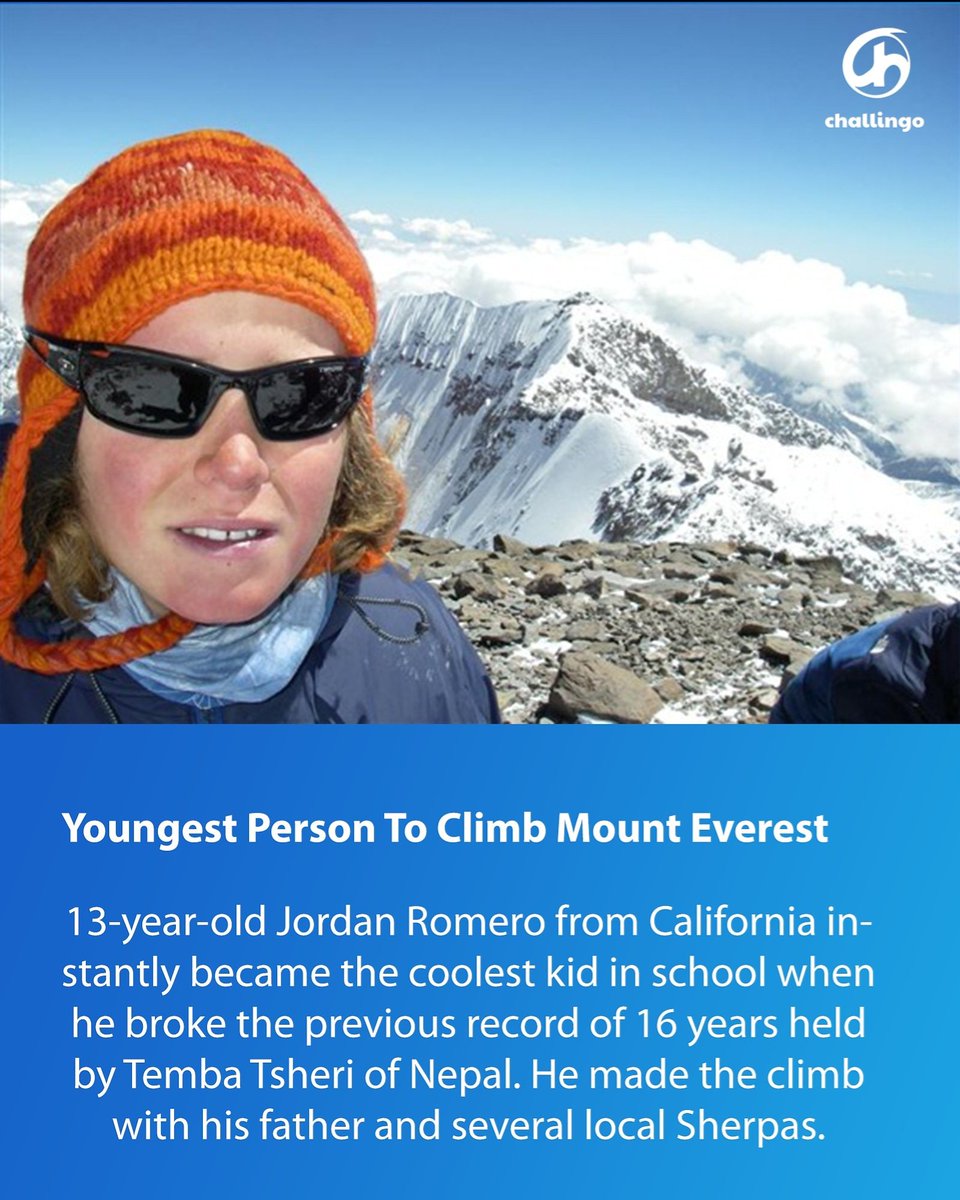 challingo_app's tweet photo. The youngest person to climb Mount Everest! ๐
#mounteverest #climbing #himalaya #nepal #mountain #worldrecord #tbs #challingo 2018 https://t.co/A0U9wvEcTW