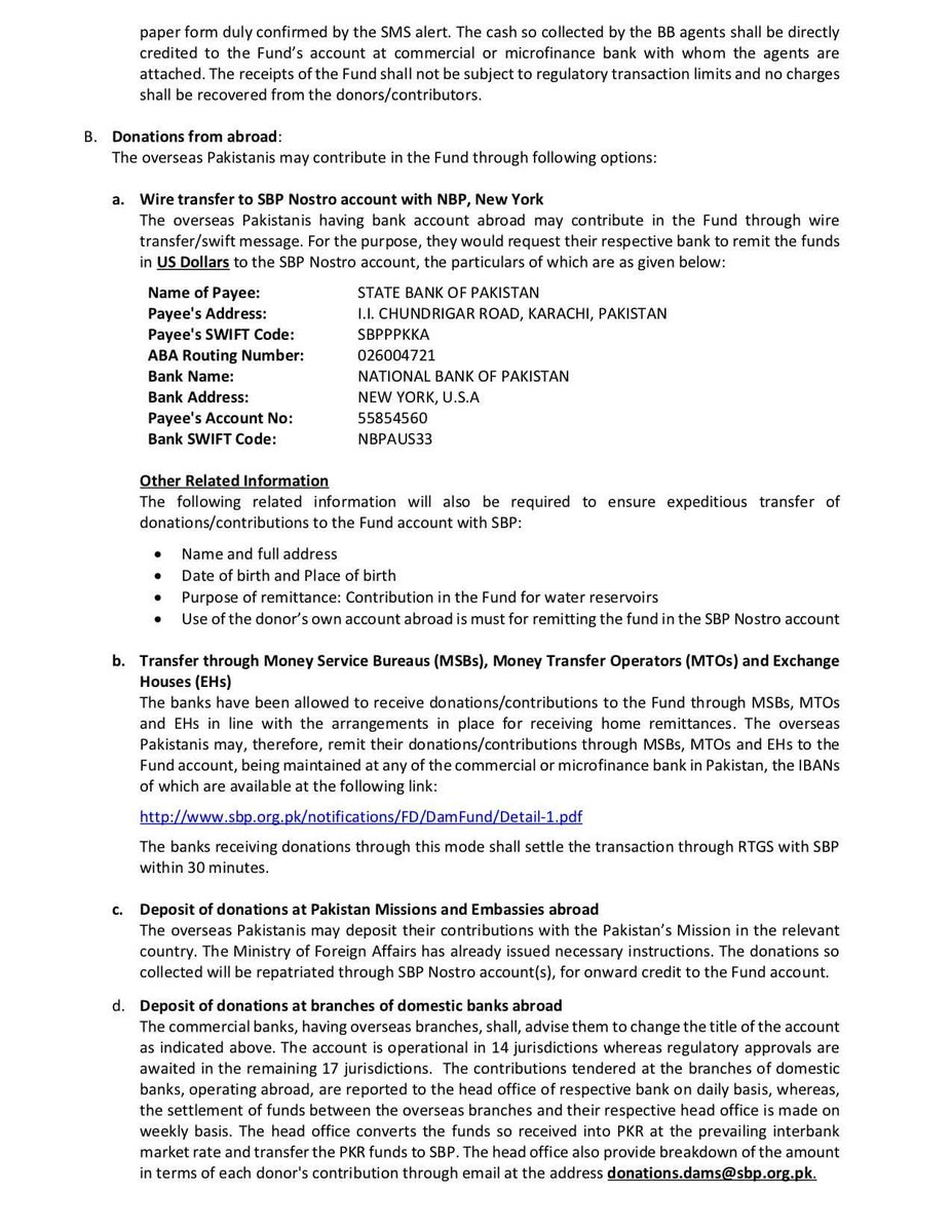 _KPUpdates's tweet photo. Details of Banking channels and accounts by State Bank of Pakistan to facilitate in the transfer of funds to Prime Minister-Chief Justice Dam Fund
#PMIK
#1000ForPak
#DonateForDams https://t.co/Pxm9Amzojz