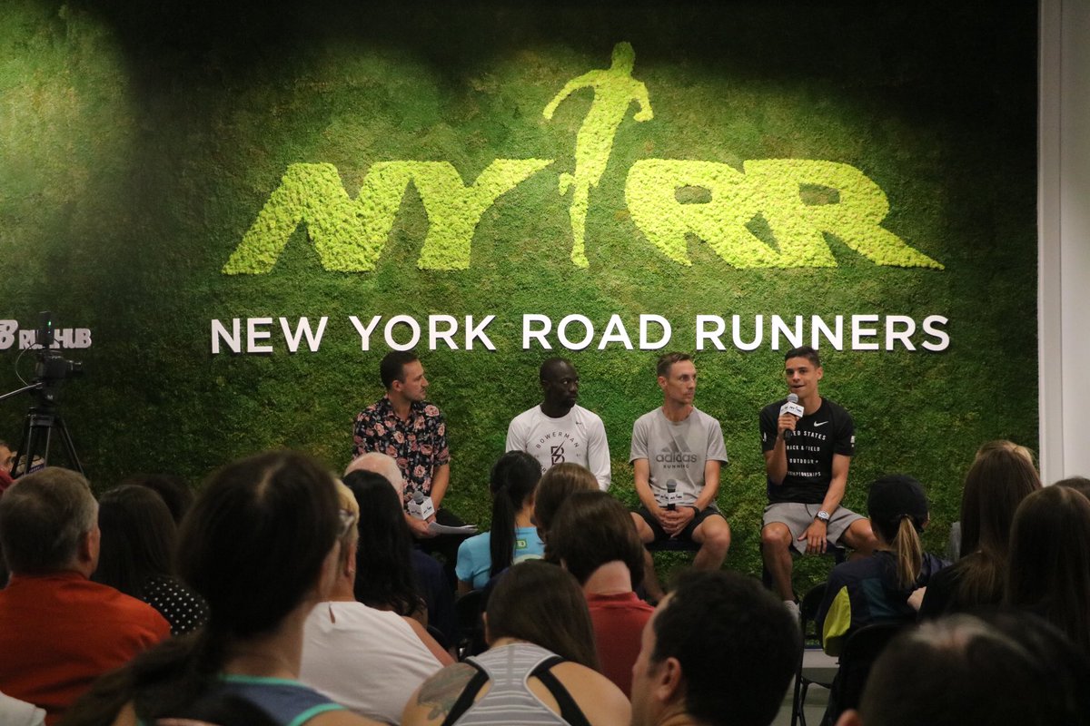 nyrr's tweet photo. Taking the stage right now at #RUNNERCON are @MattCentrowitz, @nickwillis and @lopezlomong. You can catch these pros tomorrow racing the #NB5thAveMile. #NYRRRunCenter https://t.co/uX2niRqBDX