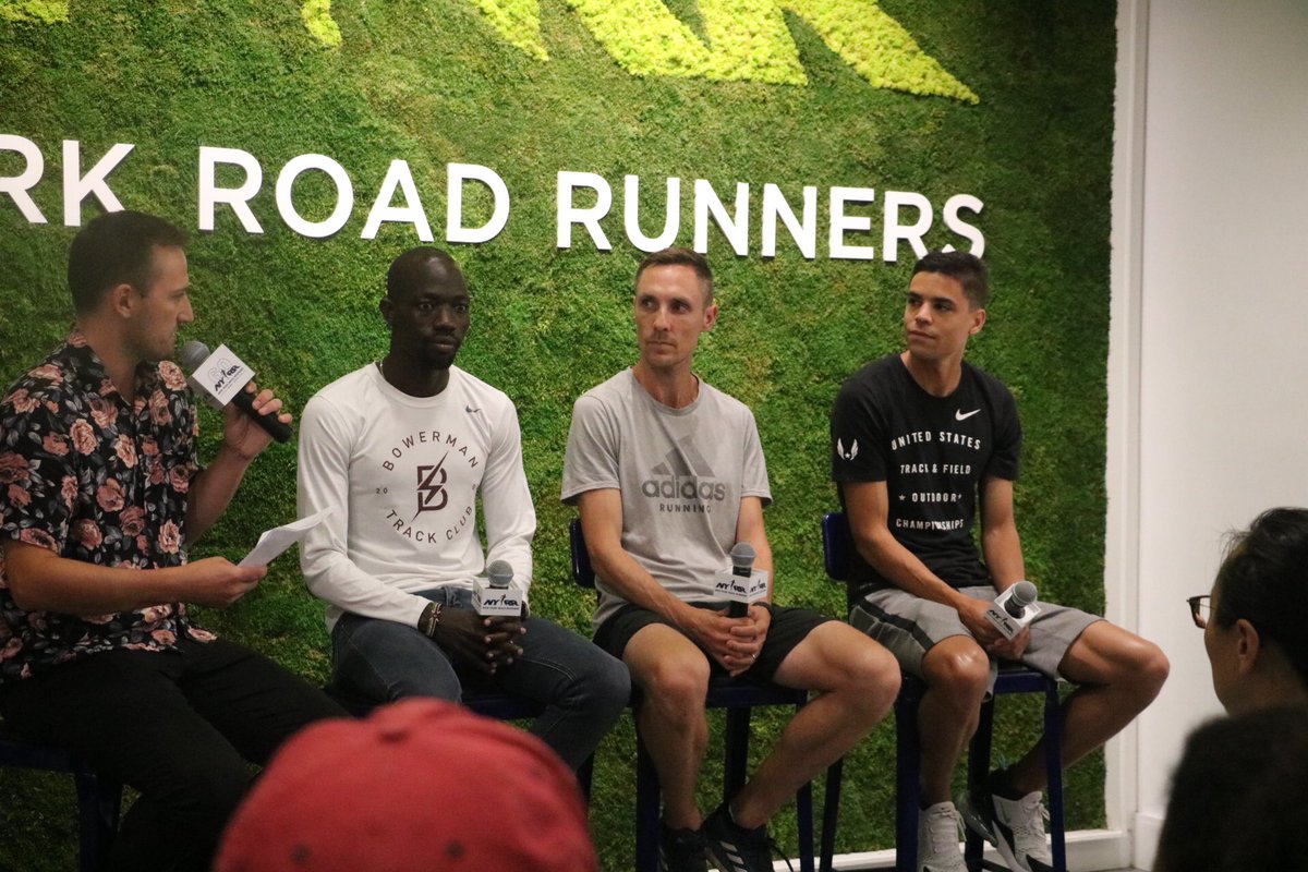 nyrr's tweet photo. Taking the stage right now at #RUNNERCON are @MattCentrowitz, @nickwillis and @lopezlomong. You can catch these pros tomorrow racing the #NB5thAveMile. #NYRRRunCenter https://t.co/uX2niRqBDX