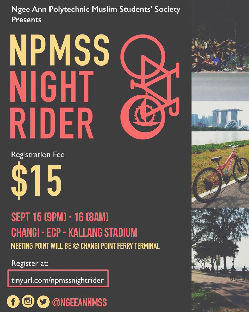 Assalamu'alaikum everyone! 🤗
•
Feeling bored? Got nothing to do for holidays? Fret not! NPMSS is back with our annual night cycling, this year called Night Rider! 😆
•
Join us by signing up @ tinyurl.com/npmssnightrider