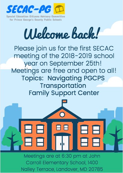 SECACPG's tweet photo. We appreciate any help reaching out to families of special education studens in @PGCPS.  We work in partnership with the BOE to work towards constant improvement in the schools. #pgcps https://t.co/1mzwmRjupq