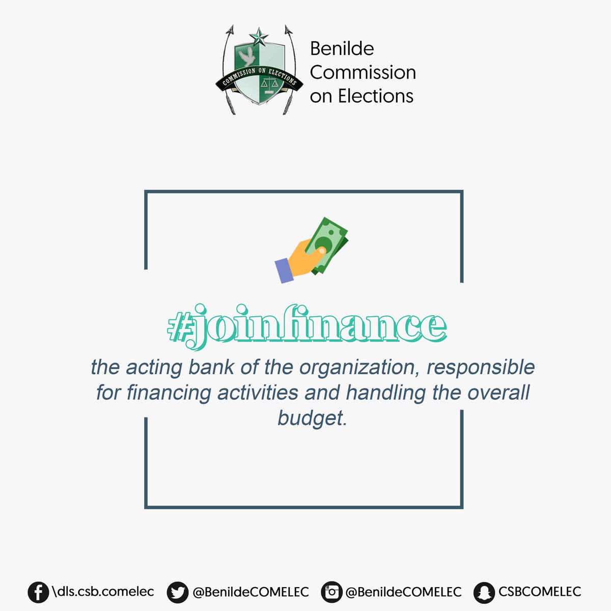 BenildeCOMELEC's tweet photo. Get to know our organizationโs committees! #JoinBenildeCOMELEC ๐
#JoinFinance #JoinElectoralAffairs #JoinLogistics https://t.co/PrpX1zlTi7