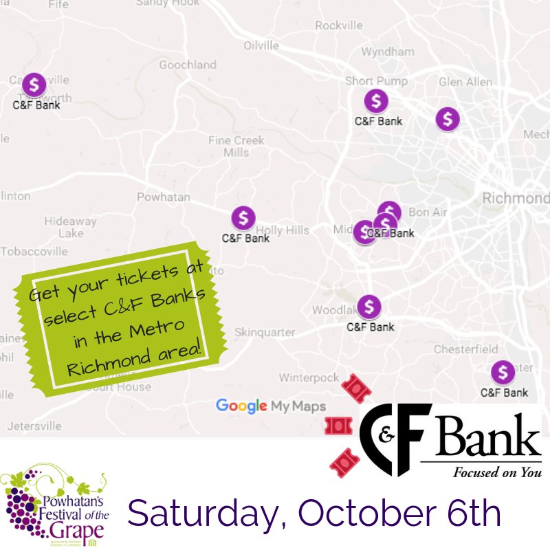 Looking to pick up your tickets to the festival while you're out and about this weekend? They're available at select C&amp;F Bank locations in the Metro Richmond area. Details at powhatanwinefestival.com.