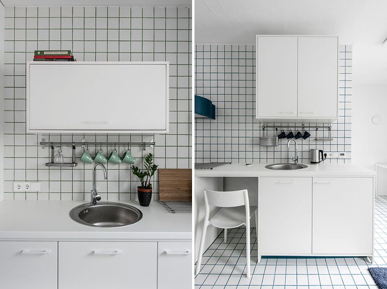 WhyTile's tweet photo. See how HEIMA architects brightened up these tiny apartments in Lithuania by using different colors of grout with white ceramic tiles. #ColorfulTile #WhyTile https://t.co/bfvSBqmVVJ https://t.co/J5q1jlor25