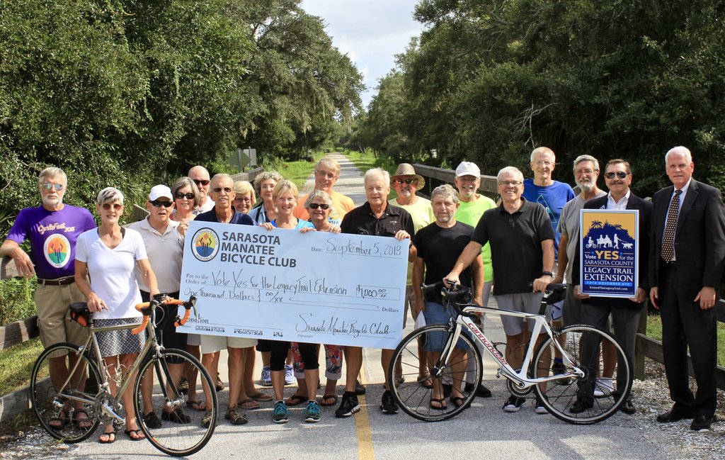 Legacy_Trail's tweet photo. Thanks to Sarasota Manatee Bike Club for your generous contribution and continuing support of the Legacy Trail extension referendum "Vote Yes" campaign! #extendthetrail #LegacyTrail #Sarasota https://t.co/4wqcwIV4Lx