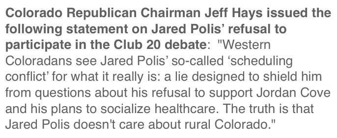 cologop's tweet photo. Let’s speak the simple truth: Jared Polis is lying when he claims that a “scheduling conflict” prevents him from participating in Club 20 this weekend. #copolitics https://t.co/S0DemzTqVI