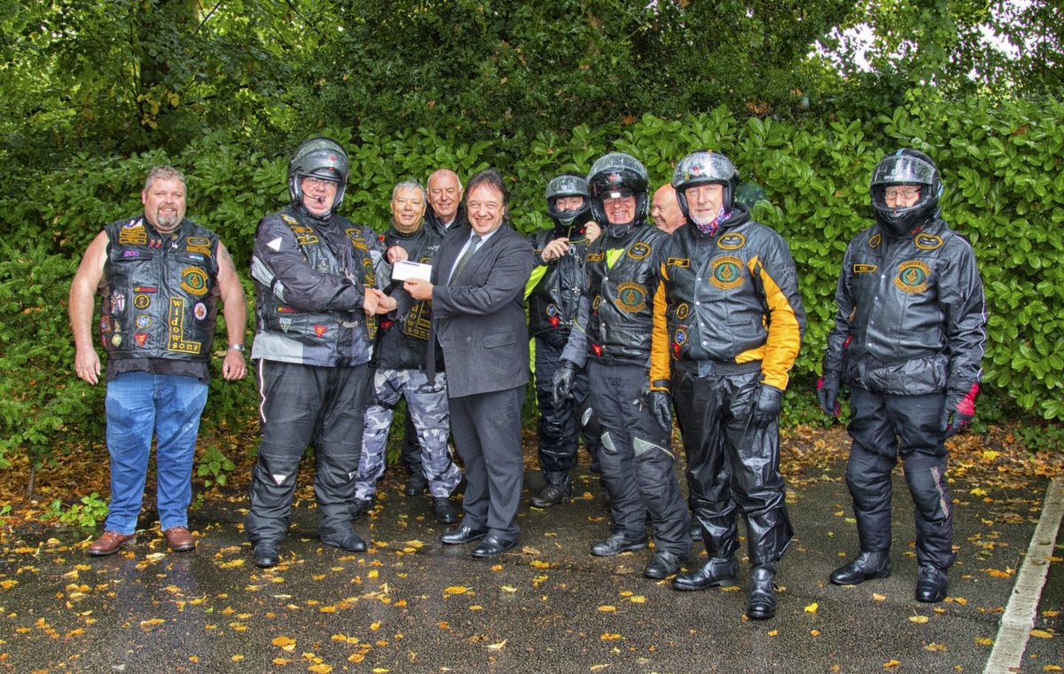 DerbysFreemason's tweet photo. RT CheshirePGL: Widow Son’s visit to Area 4 today. Steve Headdock is the Area Chairman sitting on the bike in the suit. He handed over a cheque. #windowsons #TLC #freemasonry
#Hyde https://t.co/yZZ9wXHntK