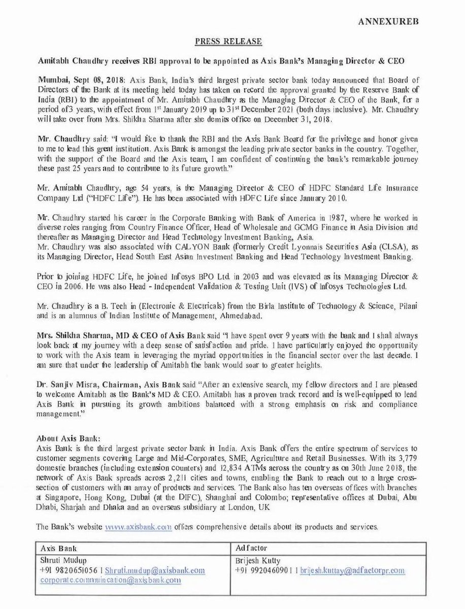 AshVerma111's tweet photo. #StocksInNews

AXIS BANK

Amitabh Chaudhry will be the next Axis Bank CEO; Receives RBI Approval

For a period of 3-Years starting January-1, 2019

#AxisBank #HDFCStandardLife https://t.co/379fw0AVGw
