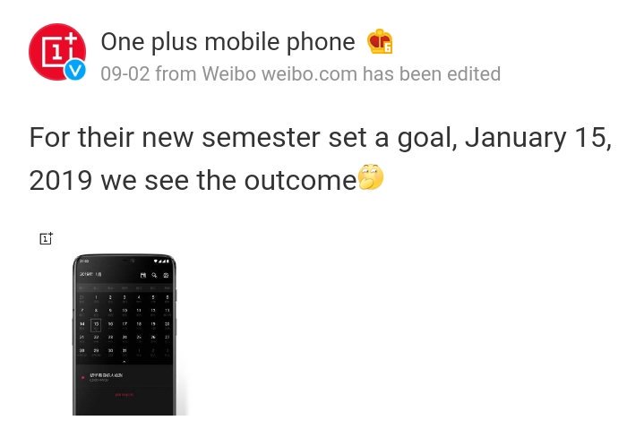 OnePlusBuzz's tweet image. A calendar found on the OnePlus Weibo page has January 15th 2019 clearly marked. Could this be the release date for the #OnePlus6T? #OnePlus