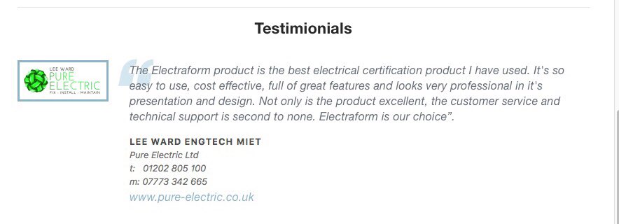 electraform's tweet image. The first of our testimonials to be included on the website - we like this. Thanks to @pureelectricuk #electraform