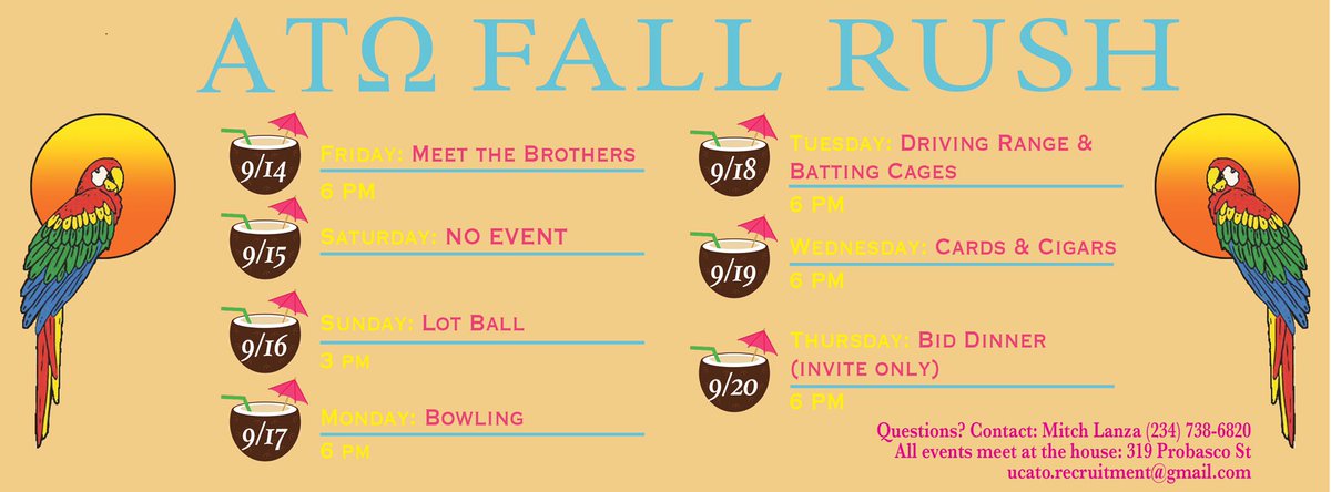 Rush week is coming up quickly! Anyone interested in joining are invited to come to any and all events. We're looking forward to seeing you there! #RushATO