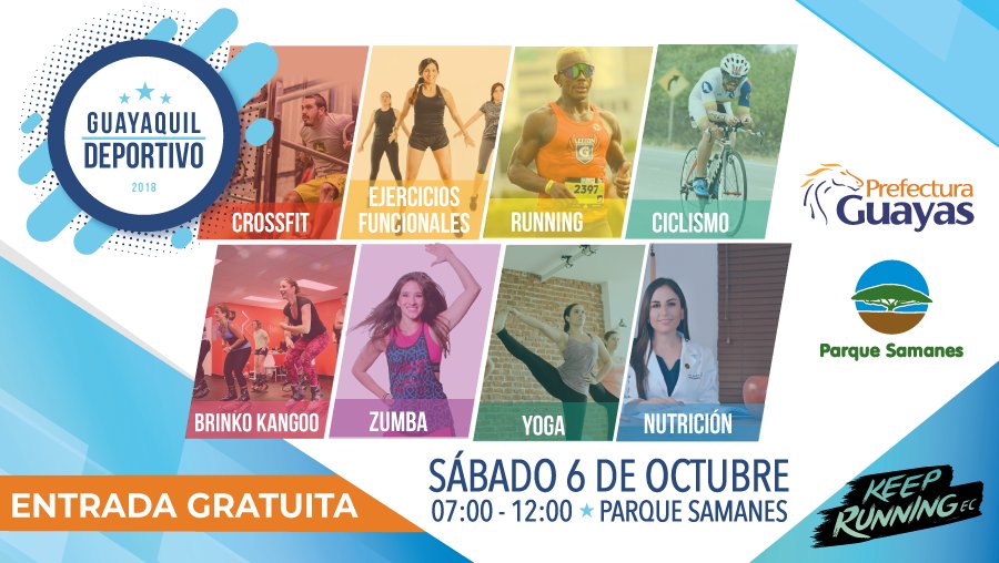 KeepRunningEC's tweet image. Te invitamos a celebrar a Guayaquil practicando el deporte o ejercicio que más te guste en la 1era. Edición de #GuayaquilDeportivo, Feria Deportiva GRATUITA donde ofreceremos:
• Crossfit
• Ejercicios Funcionales
• Running
• Ciclismo
• Brinko Kangoo
• Zumba
• Yoga