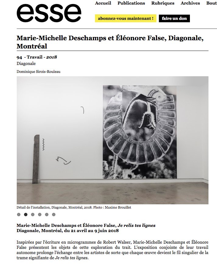 R E V U E D E P R E S S E
 -
Dans le prochain numéro de la <a href="/revue_esse/">Esse arts + opinions</a> arts + opinions, un compte-rendu de Dominique Sirois-Rouleau sur l'exposition "Je relis tes lignes" de Marie-Michelle Deschamps et Eléonore False. #mariemichelledeschamps #eleonorefalse #galeriediagonale