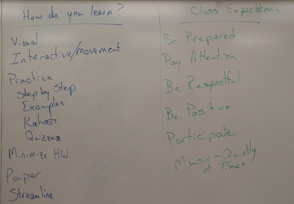 Mr_Ligatti's tweet photo. First day in all classes, I let the class decide expectations and I asked how they like to learn, some very good responses. We also had a discussion about how they like their feedback - most common answer was 1-1 and not humiliating them in front of their peers.
#betheU #lcbmath https://t.co/Tak2Oyesyf