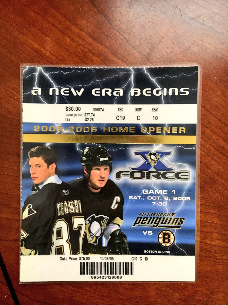 WesleyUhler's tweet photo. Found this unpacking my new place this afternoon. My ticket from Crosby’s first home game and his first @nhl goal. I was 14 years old there with @BPatersonPhoto. So much going on here. The X Force graphic design. Only $30 base price and 4x the size of a normal ticket stub! https://t.co/kP1X9NbwQN