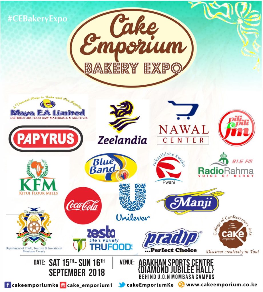 Tourism,Culture & Trade (@tourismmombasa) on Twitter photo SAVE THE DATES!!!
15th and 16th September (Next weekend) all roads lead to the Cake Emporium Expo. As a department, we are glad to have partnered with <a href="/CakeEmporiumKe/">Cake Emporium College of Confectionery Arts</a> to ensure that we promote the fast growing Baking Industry in Mombasa.
#CEBakeryExpo SAVE THE DATES!!!
15th and 16th September (Next weekend) all roads lead to the Cake Emporium Expo. As a department, we are glad to have partnered with <a href="/CakeEmporiumKe/">Cake Emporium College of Confectionery Arts</a> to ensure that we promote the fast growing Baking Industry in Mombasa.
#CEBakeryExpo