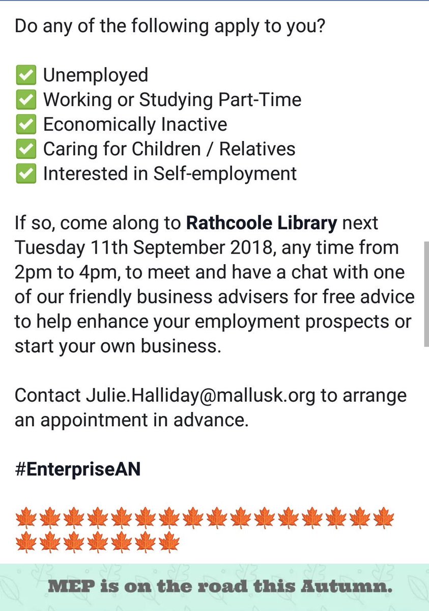 Business Advisers from #MEP will be at #Rathcoolelibrary on Tuesday afternoon offering advice to anyone thinking about self-employment and/or looking for help & advice to improve their job prospects #EnterpriseAN #Newtownabbey #SaturdayVibes