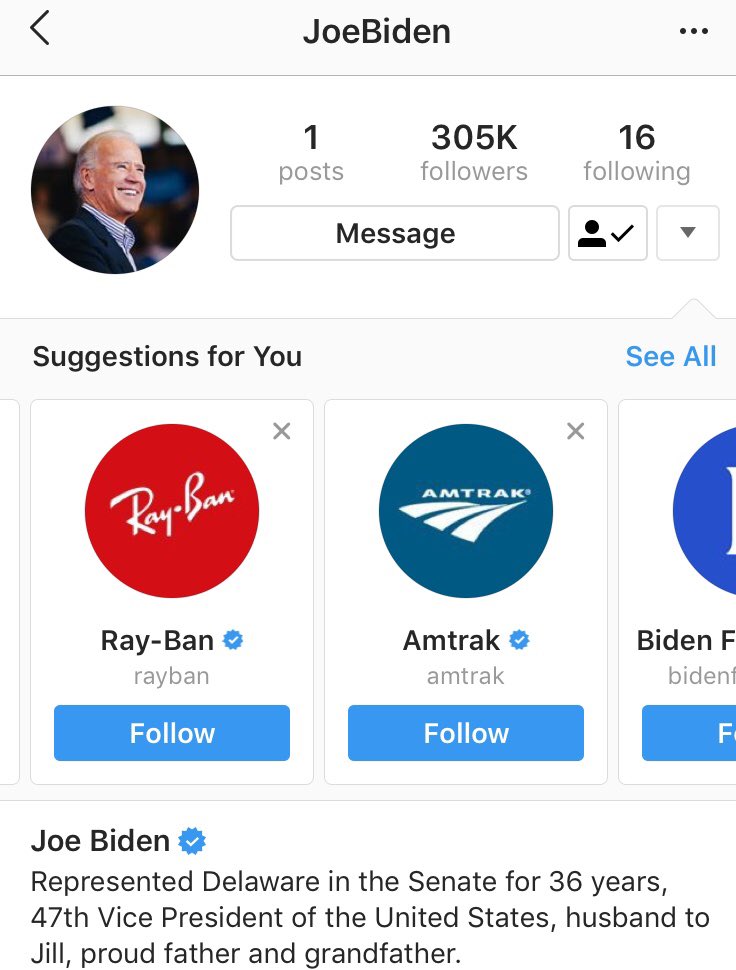 drewmac's tweet photo. Ray-Ban and Amtrak accounts show up as suggestions after I followed @JoeBiden and I don’t know if Instagram is being smart, or smartass. https://t.co/D3Aq6eLp45