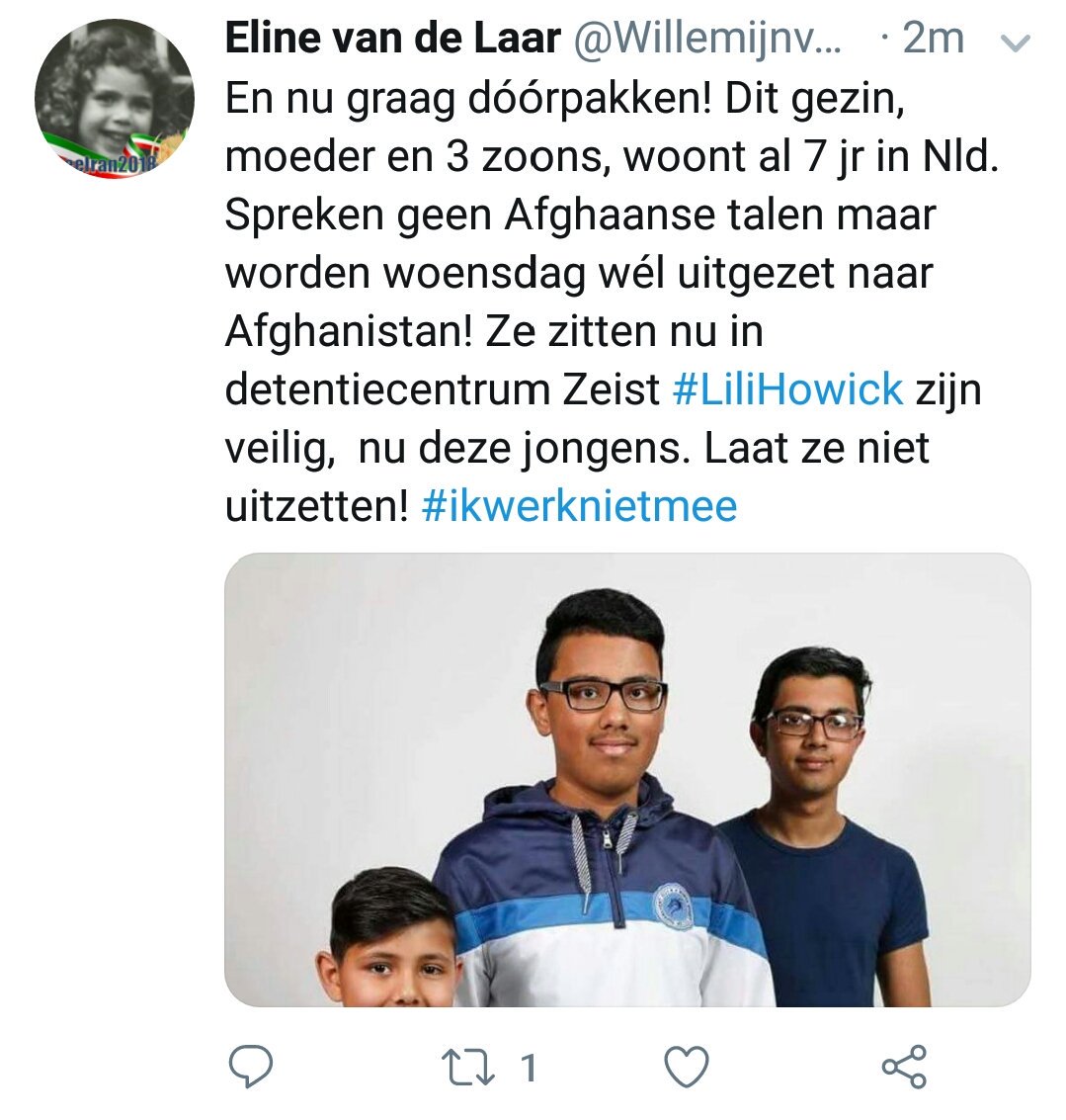 MrsGhasem's tweet photo. Mohamad (2000), Mehdi (2003), Sadjad (2007) zitten met hun moeder opgesloten als criminelen. Terwijl ze mogelijk recht hebben op Kinderpardon worden ze uitgezet! #stuurzenietterug #zezijnalthuis #ikwerknietmee #kinderpardon #LiliHowick https://t.co/RJgcdwM2xb