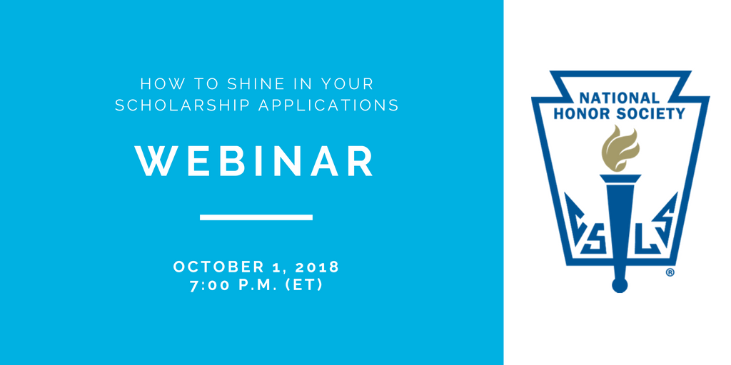NatHonorSociety's tweet photo. If you are looking for tips and best practices for scholarship and colllege applications, then you won't want to miss the "How to Shine in Your Scholarship Applications" webinar on October 1. Register now: https://t.co/5YOSH6bH5R. #Prep4College https://t.co/obJ6bqYiSf