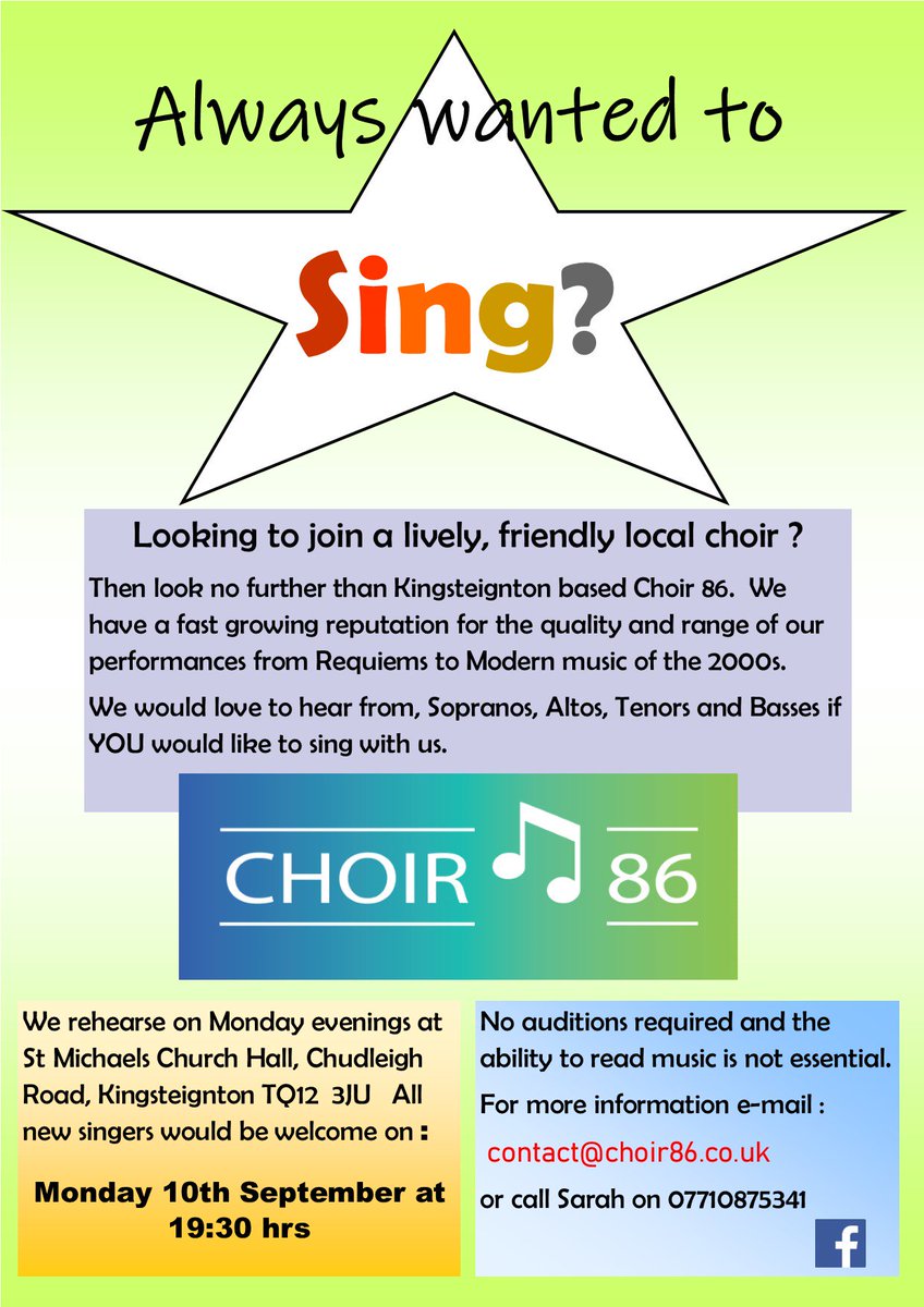 If you want to be part of a friendly, local Choir based in Kingsteignton, now is your chance.   Monday 10th September starts the new term for Choir 86 all new voices welcome.